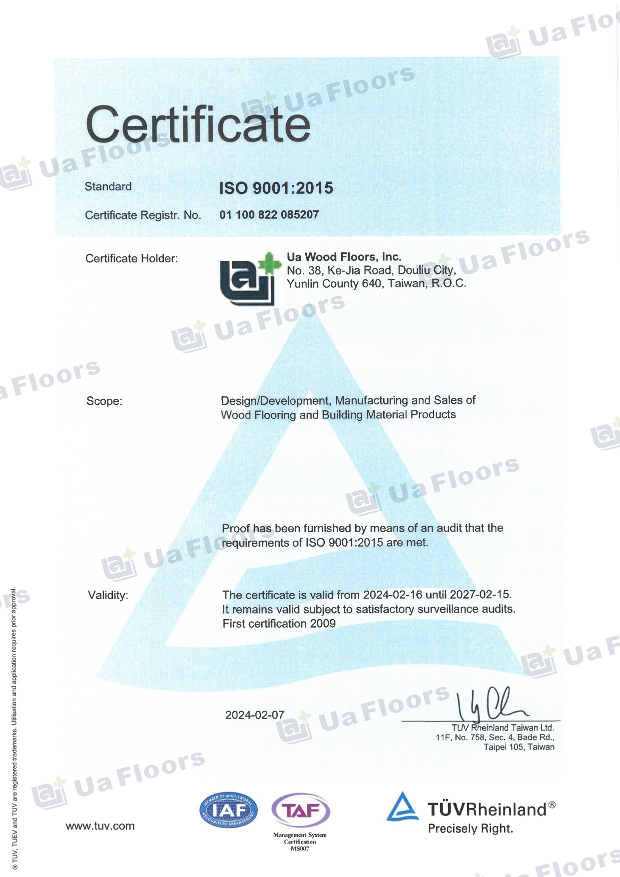 Ua Floors ISO 9001:2015 certification