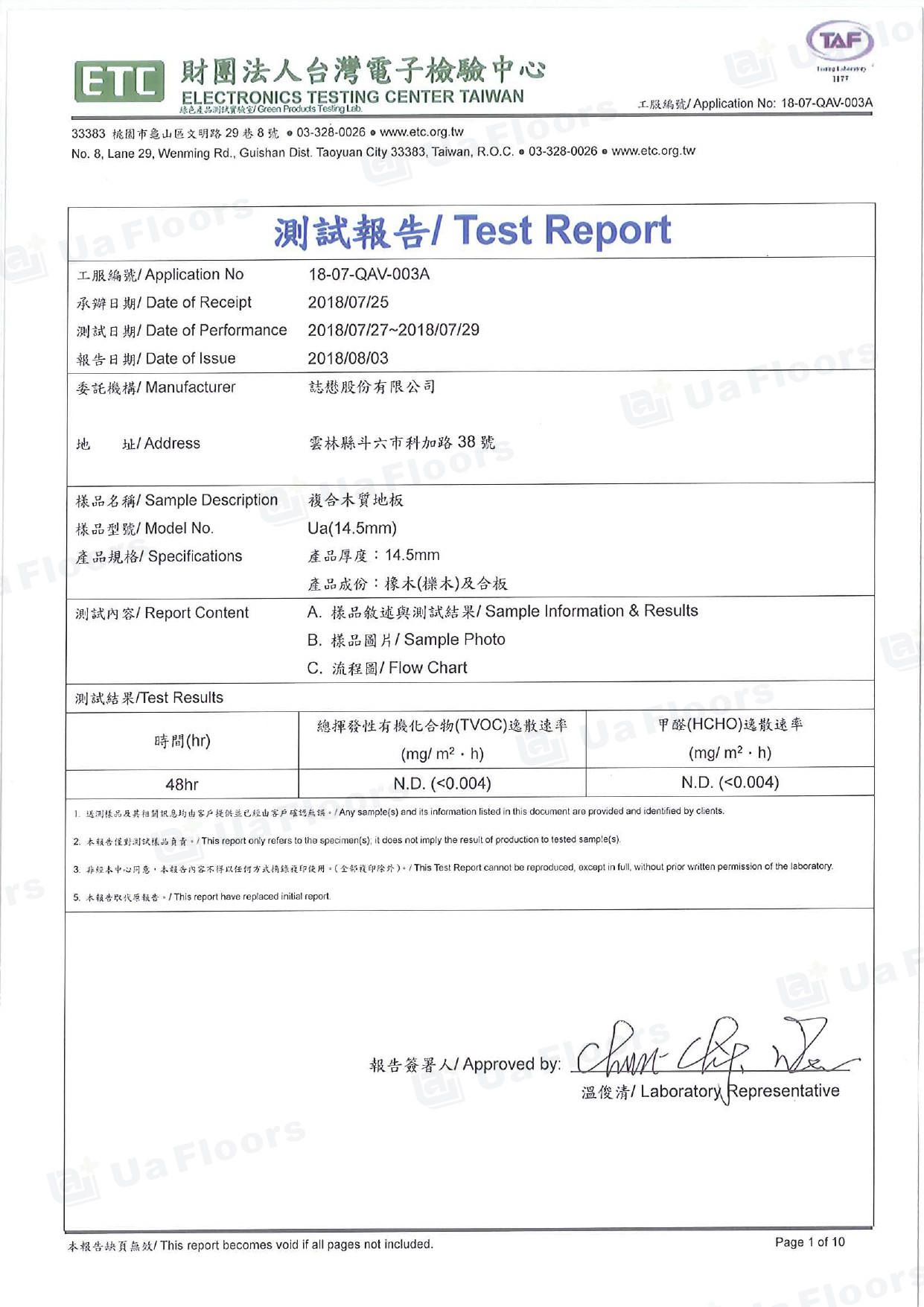 Ua Floors - 試驗報告_TVOC&HCHO(14.5mm)