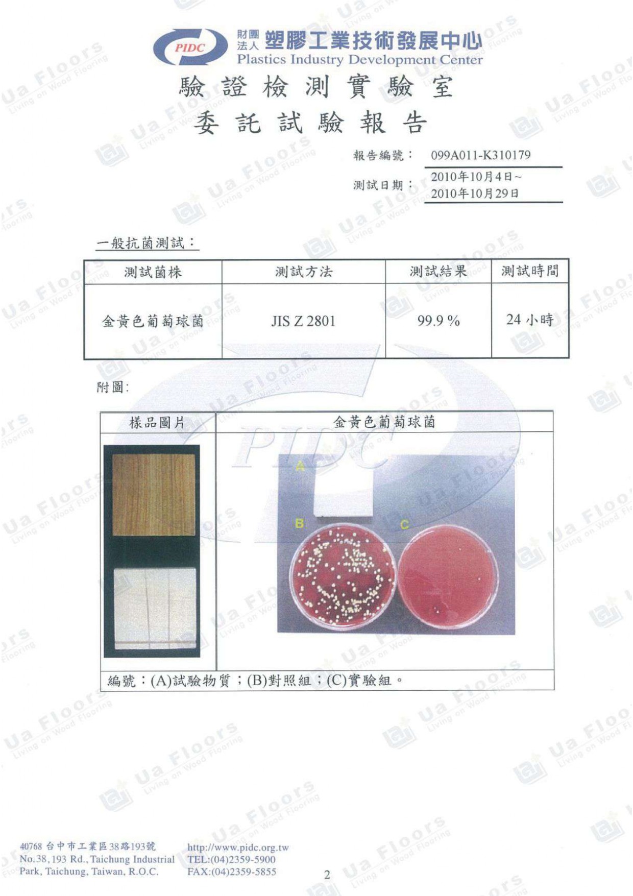 Ua Floors - 試驗報告_金黃色葡萄球菌(JIS測試方法)