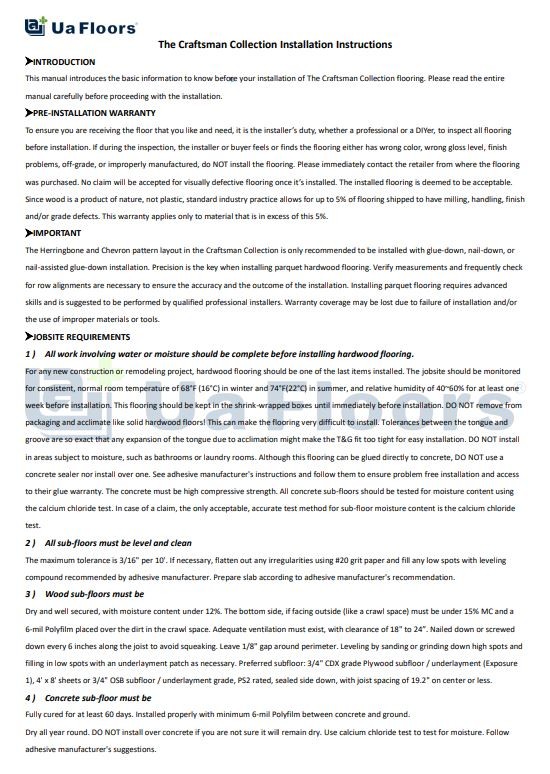 Ua Floors - The Craftsman Collection Installation Instructions