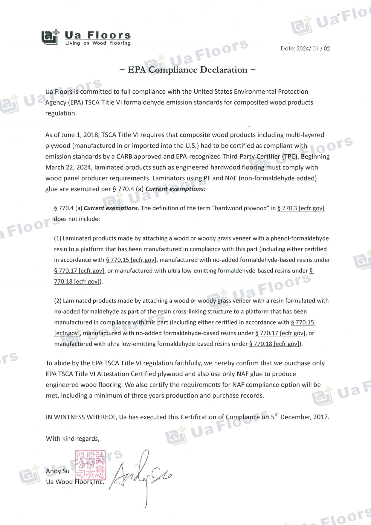 Ua Floors - EPA Compliance Declaration