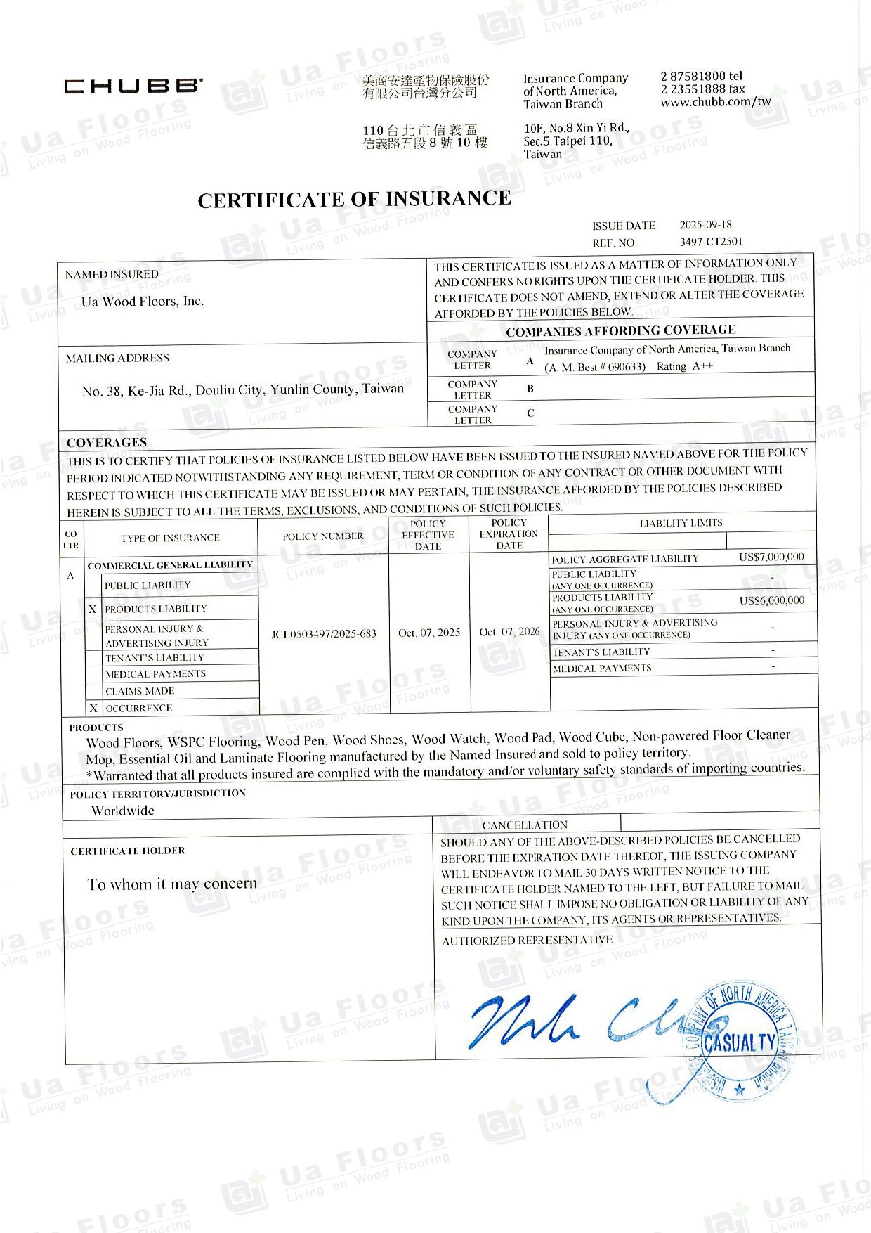 Ua Floors - CERTIFICATE OF INSURANCE