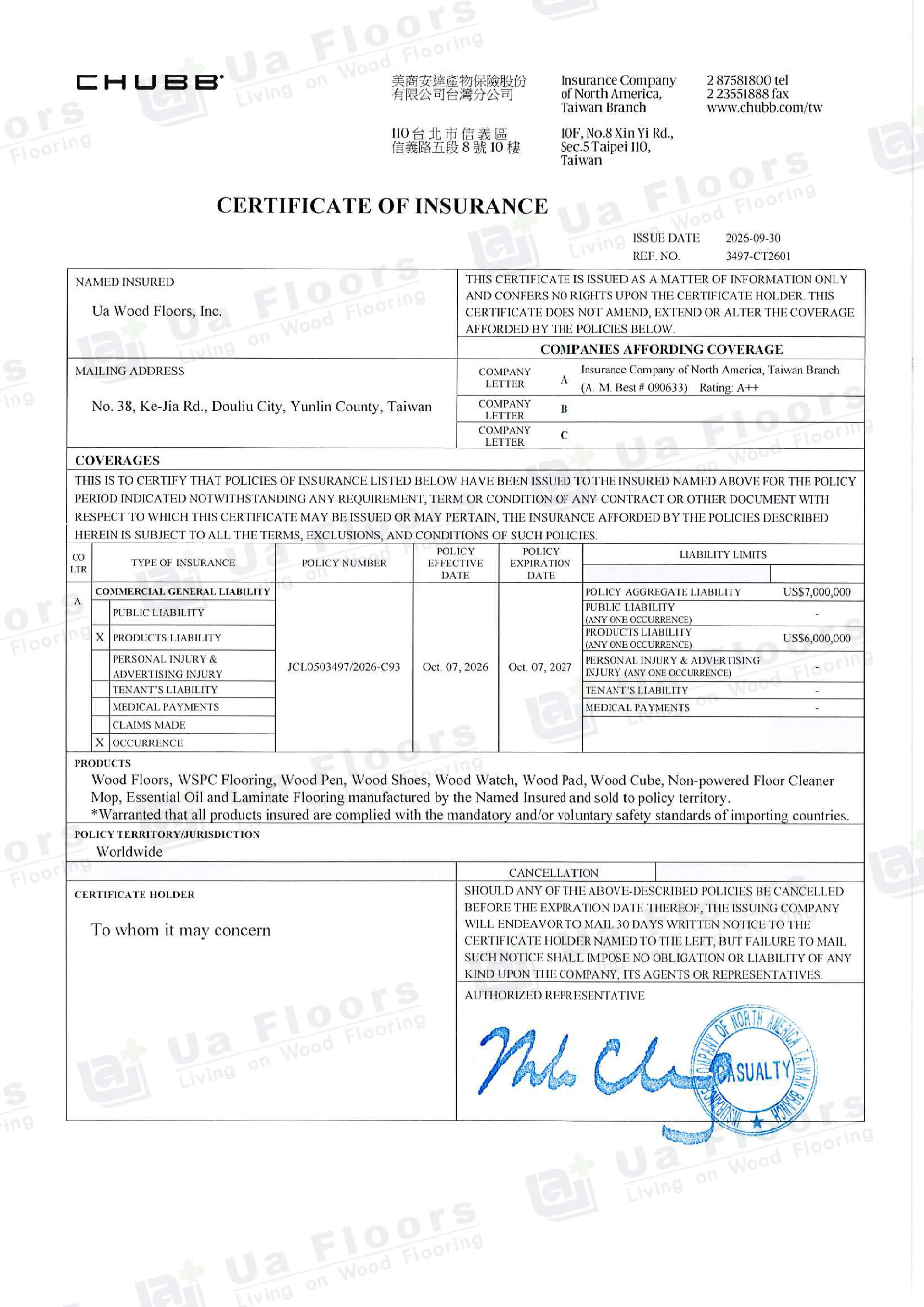 Ua Floors - CERTIFICATE OF INSURANCE